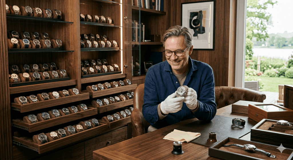 Mann präsentiert Uhrensammlung luxusuhr-blog.de Sidebar 1